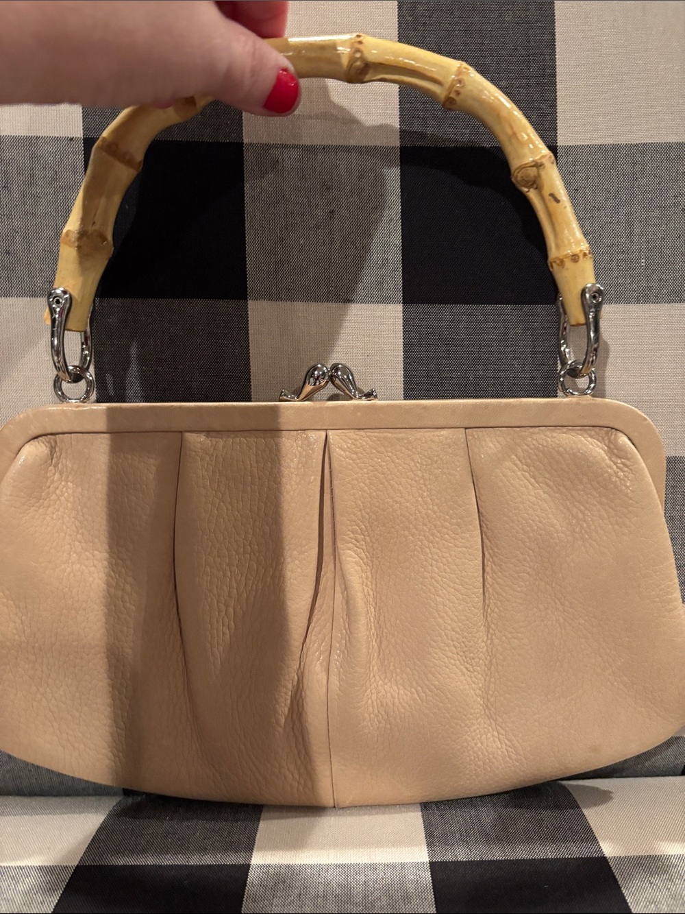 Beige Leather Top-Handle Bamboo Accent Bag